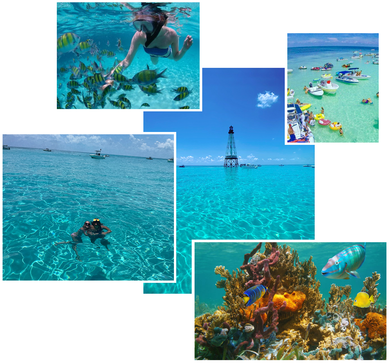 A collage of images including multiple Points of Interest that showcase the beautiful blue waters of the Florida Keys